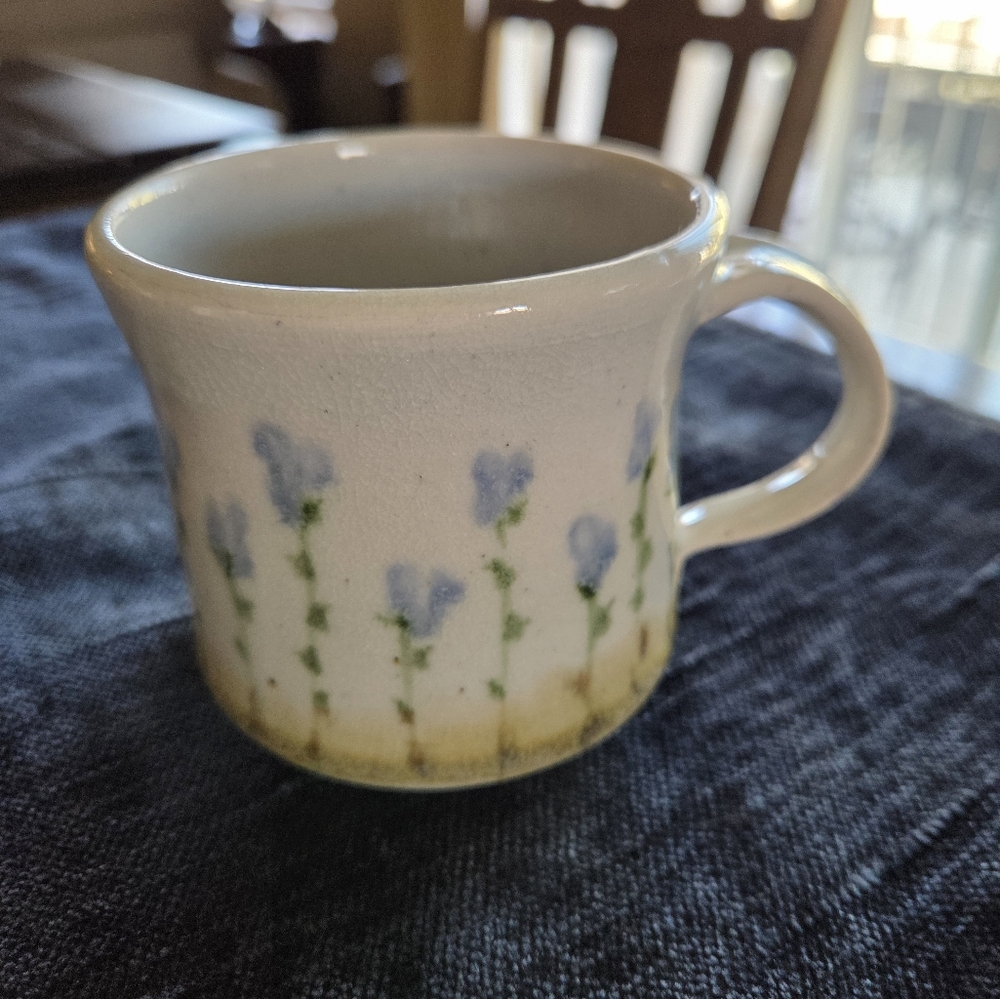 Handmade Pottery Mug Wuth Pretty Purple Flowers 7oz
